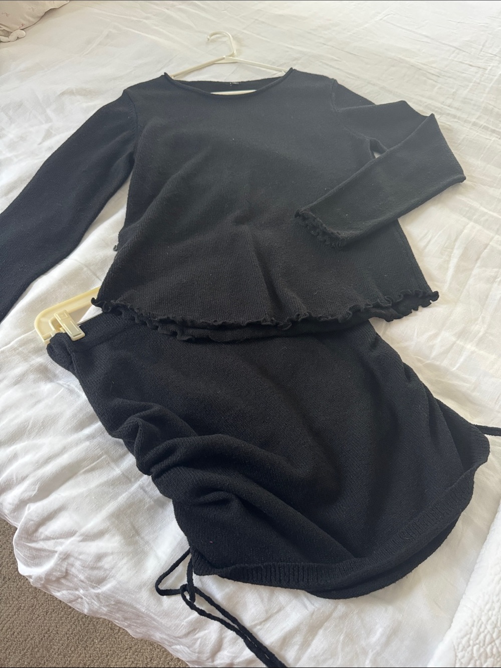 Black Knit Two-Piece Set - Long Sleeve Top & Skirt